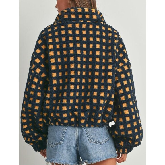 Women Orange Cropped Sherpa Fleece Plaid Jacket Chunky Outerwear - Picture 3 of 7